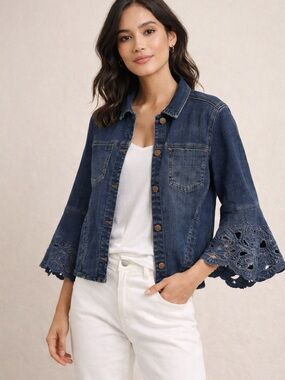 Chico's Dark Wash Denim Jacket- Laced Trim Floral - 3/4 Bell Sleeve